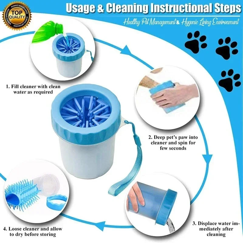 Instructions for using and cleaning a pet paw cleaner with illustrations and text.
