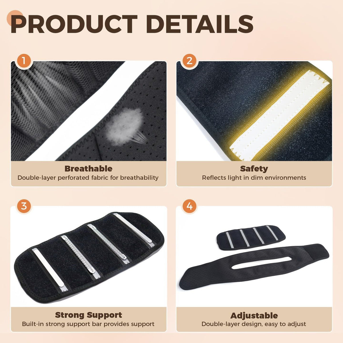 Product details of a black support pad with features highlighted on a beige background.