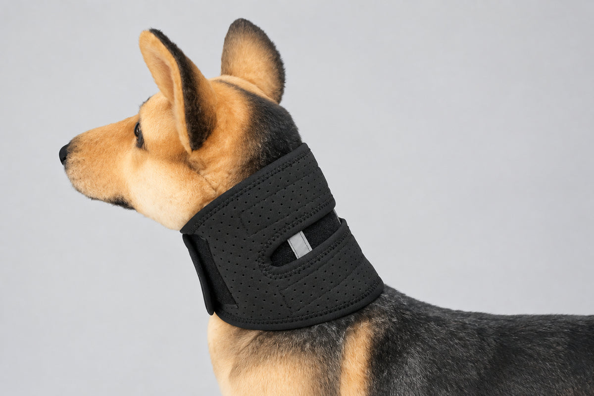 Dog wearing a black paw guard on a white background