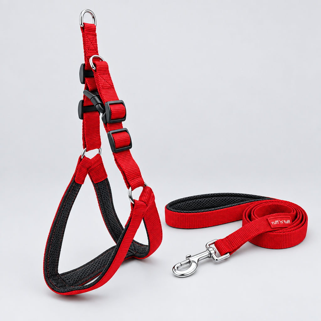 Red padded reflective dog harness with leash