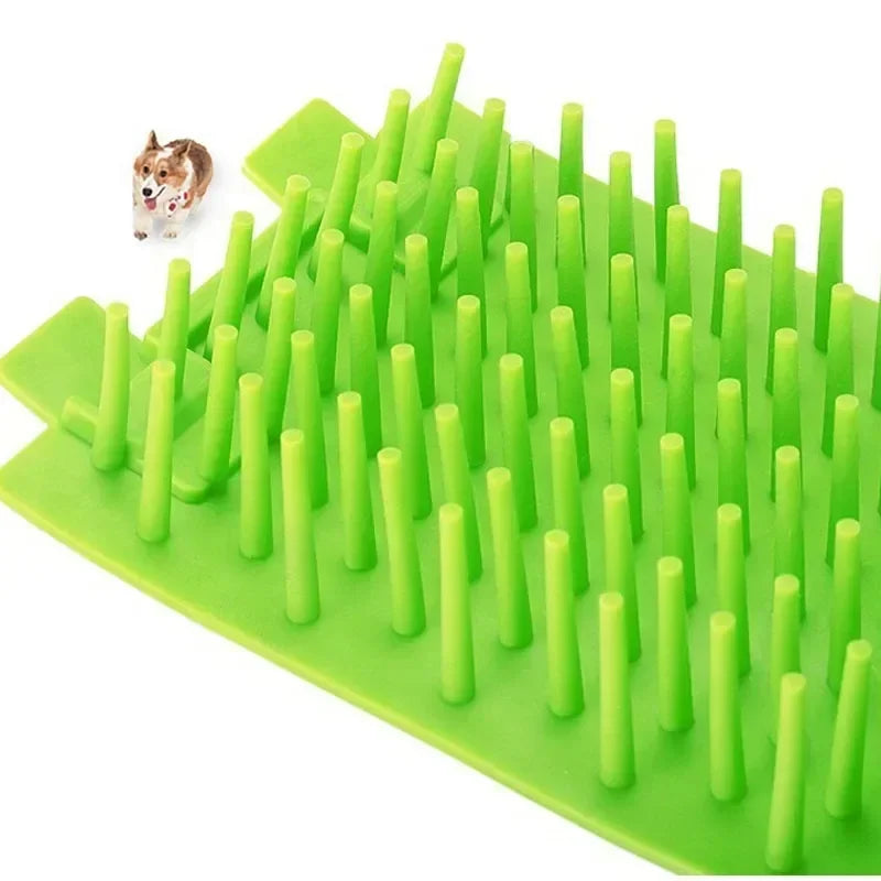 Green dog toy with spike-like structures on a white background