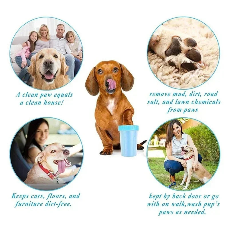 Promotional graphic for a product related to pet care, featuring dogs and text about paw cleanliness.