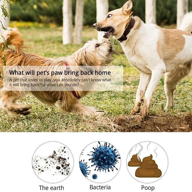 Two dogs playing in a grassy area with text and icons about pet waste.