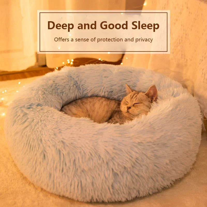 Soft plush material on a round pet bed