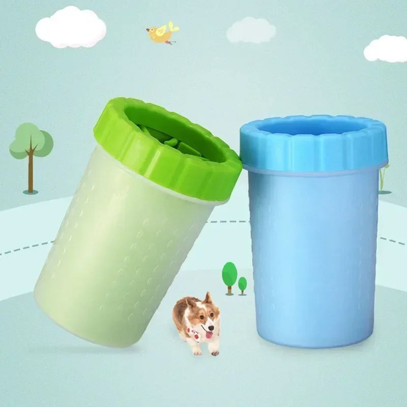 Two colorful cups with lids on a light blue background with trees and a bird.